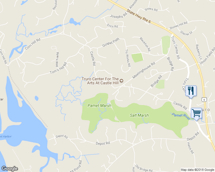 map of restaurants, bars, coffee shops, grocery stores, and more near 46 Castle Road in Truro