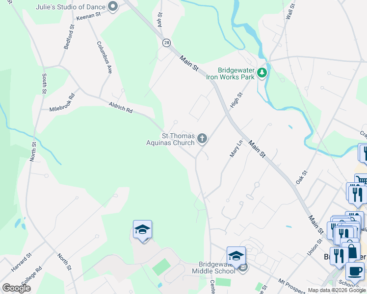 map of restaurants, bars, coffee shops, grocery stores, and more near 165 Aldrich Road in Bridgewater