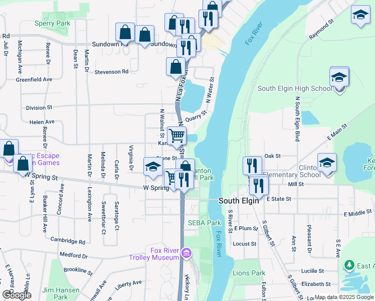 map of restaurants, bars, coffee shops, grocery stores, and more near 301 North La Fox Street in South Elgin