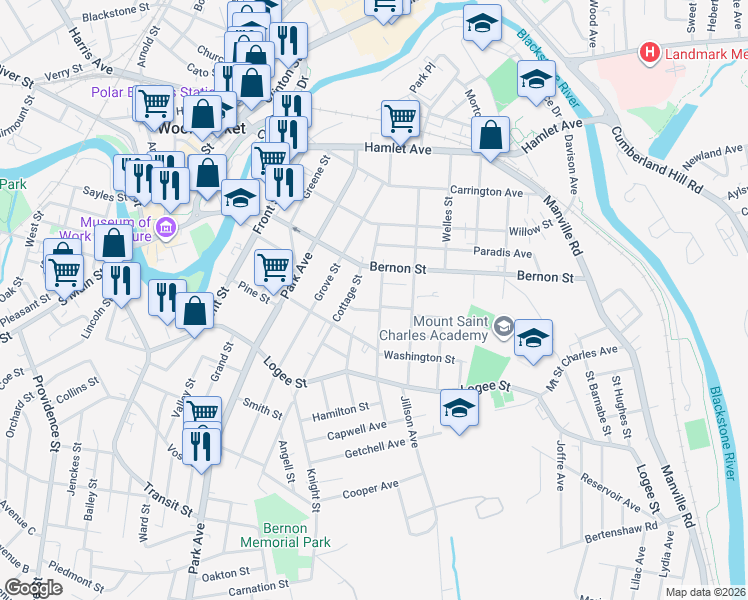 map of restaurants, bars, coffee shops, grocery stores, and more near 39 Unity Street in Woonsocket