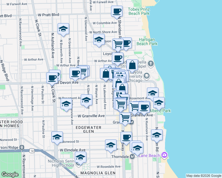 map of restaurants, bars, coffee shops, grocery stores, and more near 6321 North Magnolia Avenue in Chicago
