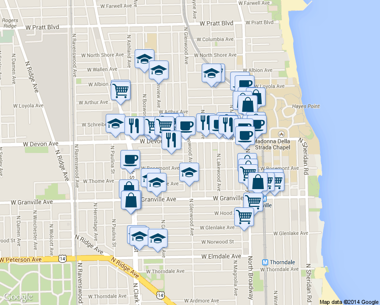 map of restaurants, bars, coffee shops, grocery stores, and more near 1417 West Highland Avenue in Chicago