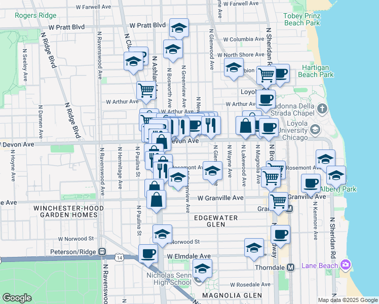 map of restaurants, bars, coffee shops, grocery stores, and more near 1455 West Highland Avenue in Chicago