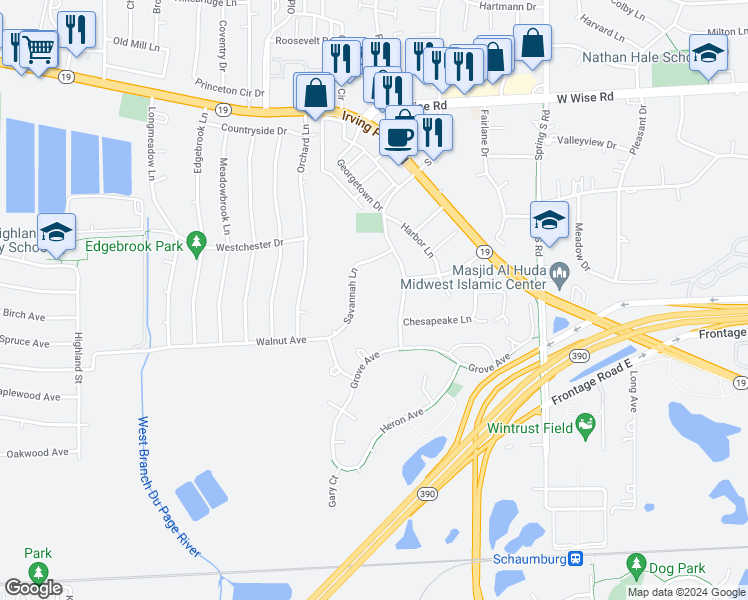 map of restaurants, bars, coffee shops, grocery stores, and more near 1812 Georgia Court in Schaumburg