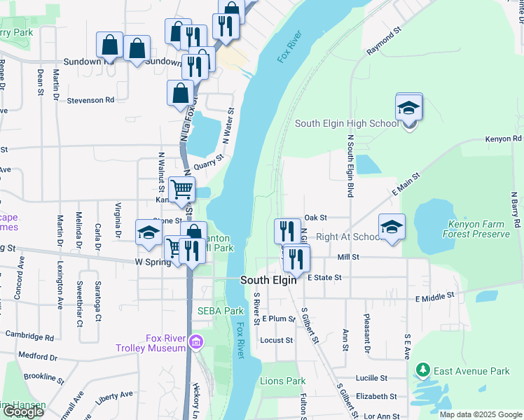 map of restaurants, bars, coffee shops, grocery stores, and more near 408 North Center Street in South Elgin
