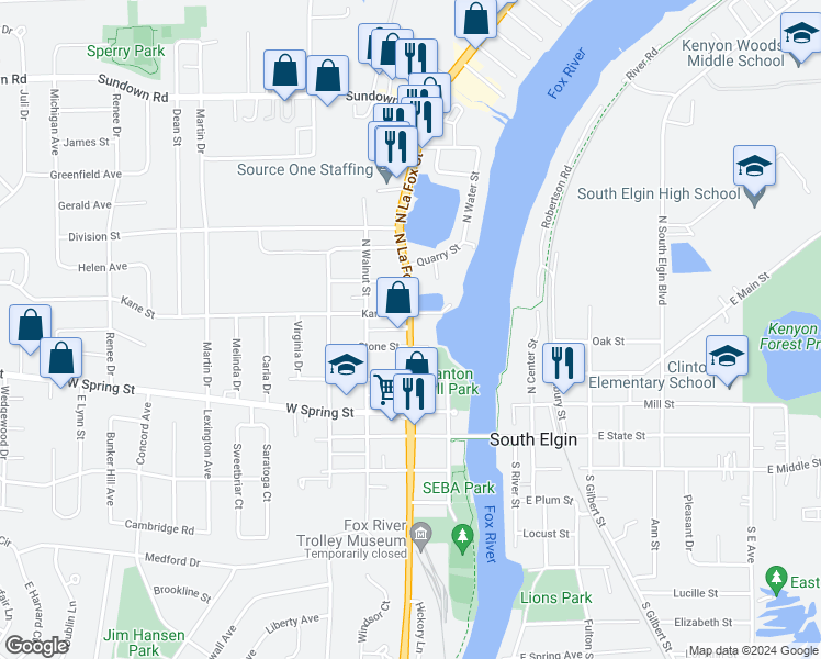 map of restaurants, bars, coffee shops, grocery stores, and more near 310 North La Fox Street in South Elgin