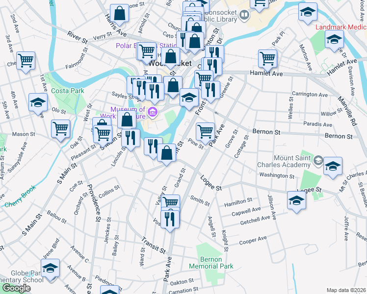 map of restaurants, bars, coffee shops, grocery stores, and more near 446 Front Street in Woonsocket