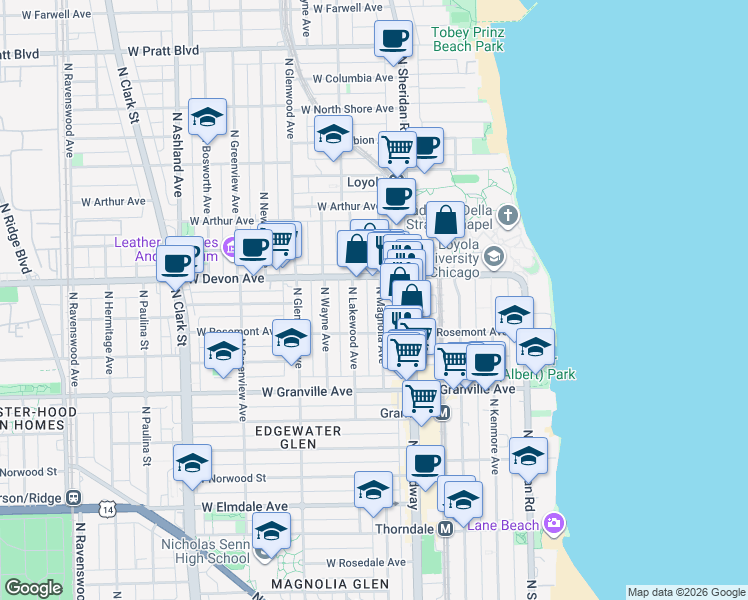 map of restaurants, bars, coffee shops, grocery stores, and more near 6336 North Magnolia Avenue in Chicago