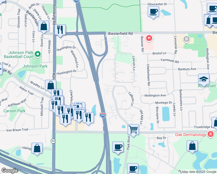 map of restaurants, bars, coffee shops, grocery stores, and more near 909 Mayfair Court in Elk Grove Village