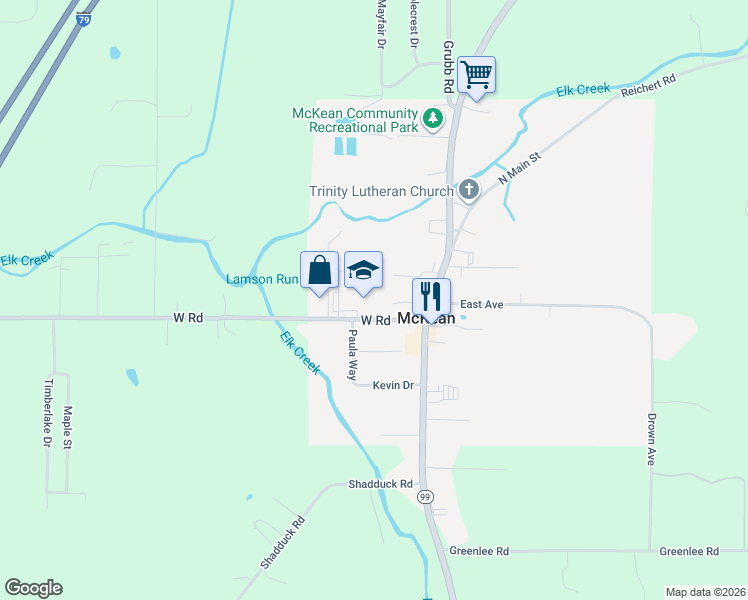 map of restaurants, bars, coffee shops, grocery stores, and more near 5120 West Road in McKean