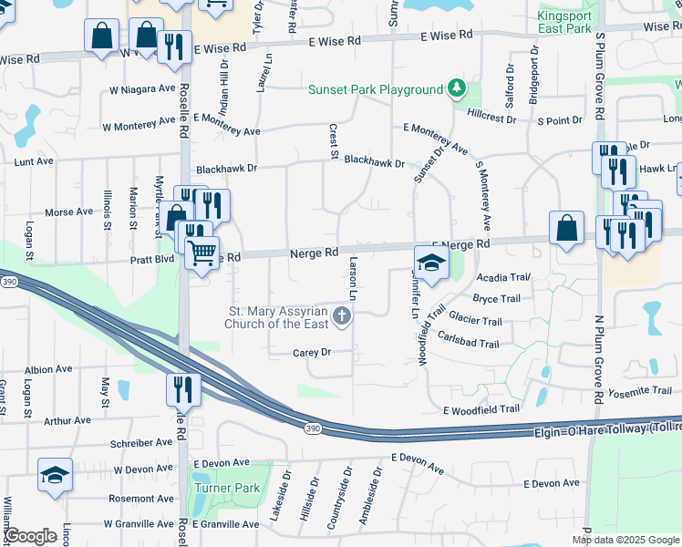 map of restaurants, bars, coffee shops, grocery stores, and more near 1616 Larson Lane in Roselle