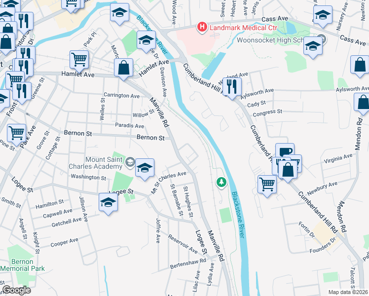 map of restaurants, bars, coffee shops, grocery stores, and more near 494 Manville Road in Woonsocket