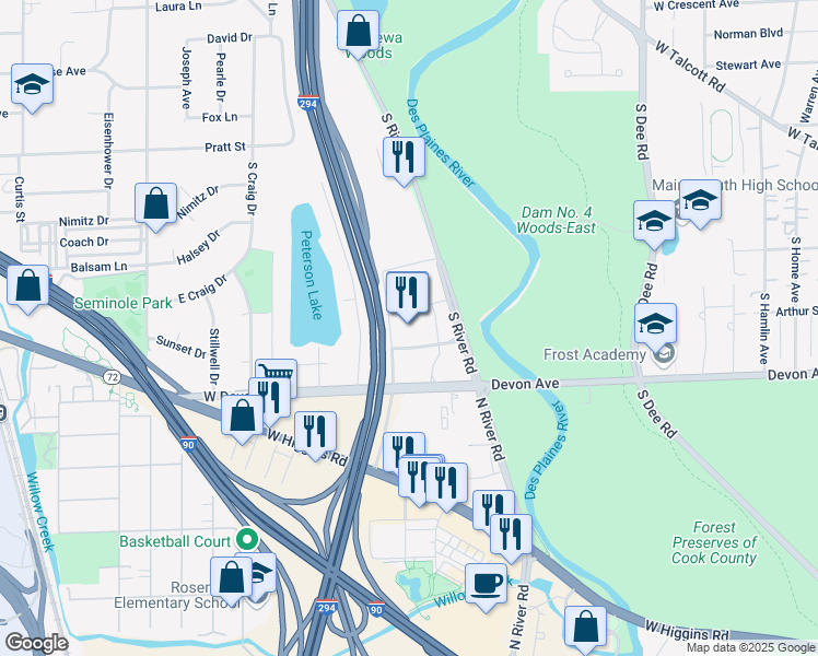 map of restaurants, bars, coffee shops, grocery stores, and more near 3000 South River Road in Des Plaines