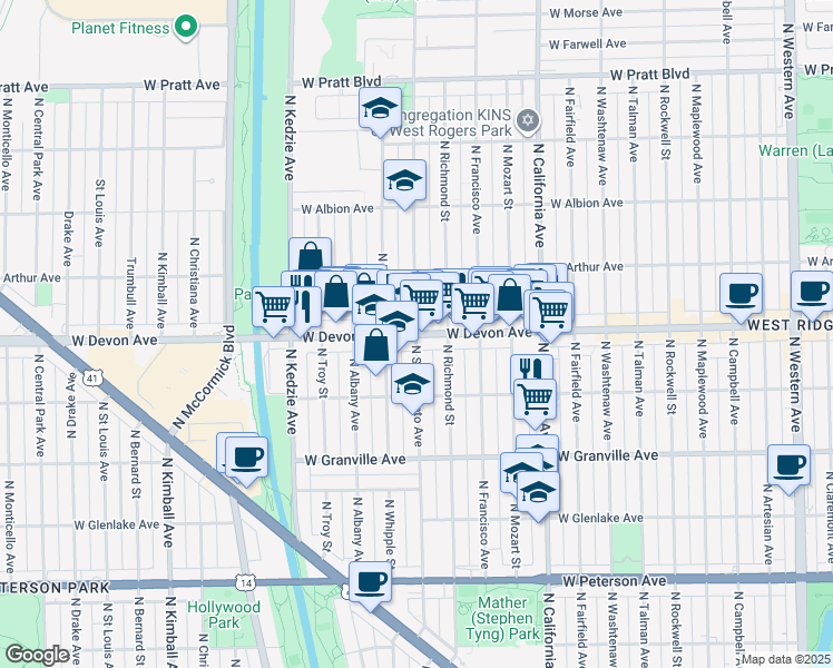 map of restaurants, bars, coffee shops, grocery stores, and more near W Devon Ave & N Sacramento Ave in Chicago