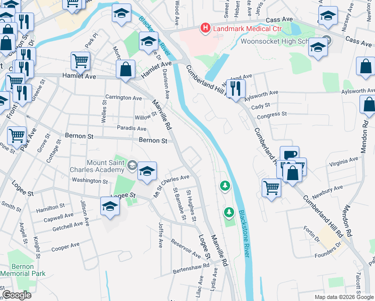 map of restaurants, bars, coffee shops, grocery stores, and more near 494 Manville Road in Woonsocket