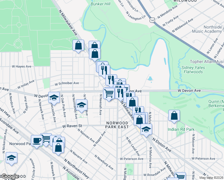 map of restaurants, bars, coffee shops, grocery stores, and more near 6400 West Devon Avenue in Chicago