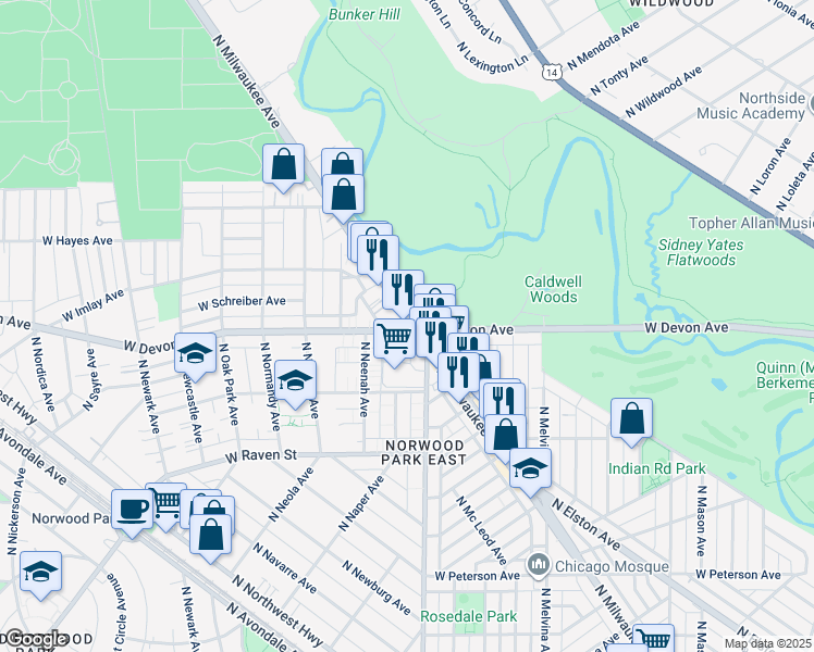 map of restaurants, bars, coffee shops, grocery stores, and more near 6400 West Devon Avenue in Chicago