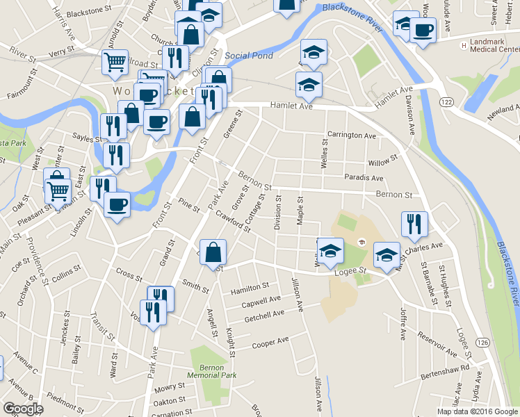 map of restaurants, bars, coffee shops, grocery stores, and more near 39 Unity Street in Woonsocket