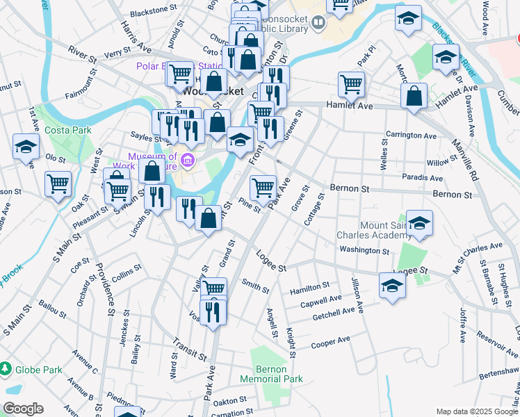 map of restaurants, bars, coffee shops, grocery stores, and more near 81 Pine Street in Woonsocket