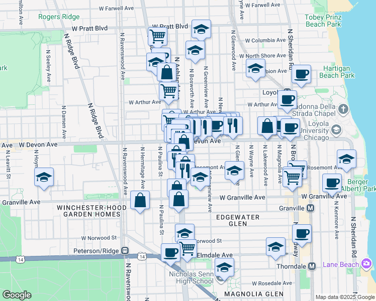 map of restaurants, bars, coffee shops, grocery stores, and more near 1533 West Highland Avenue in Chicago