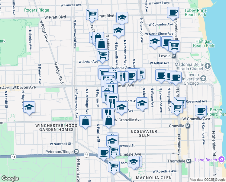 map of restaurants, bars, coffee shops, grocery stores, and more near 6316 North Clark Street in Chicago