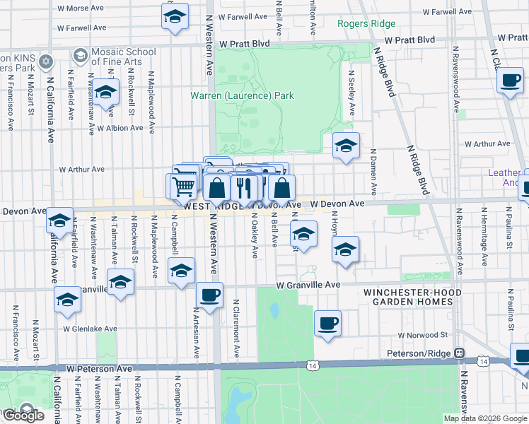 map of restaurants, bars, coffee shops, grocery stores, and more near 6333 North Oakley Avenue in Chicago