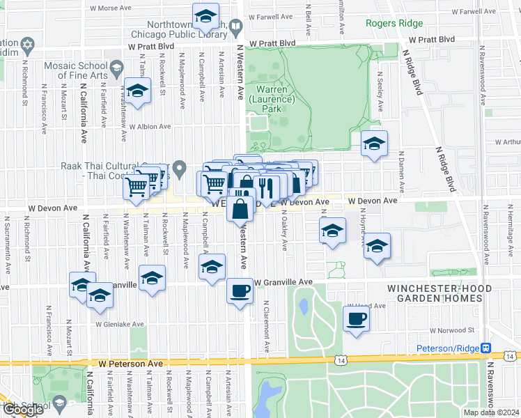 map of restaurants, bars, coffee shops, grocery stores, and more near 6337 North Claremont Avenue in Chicago