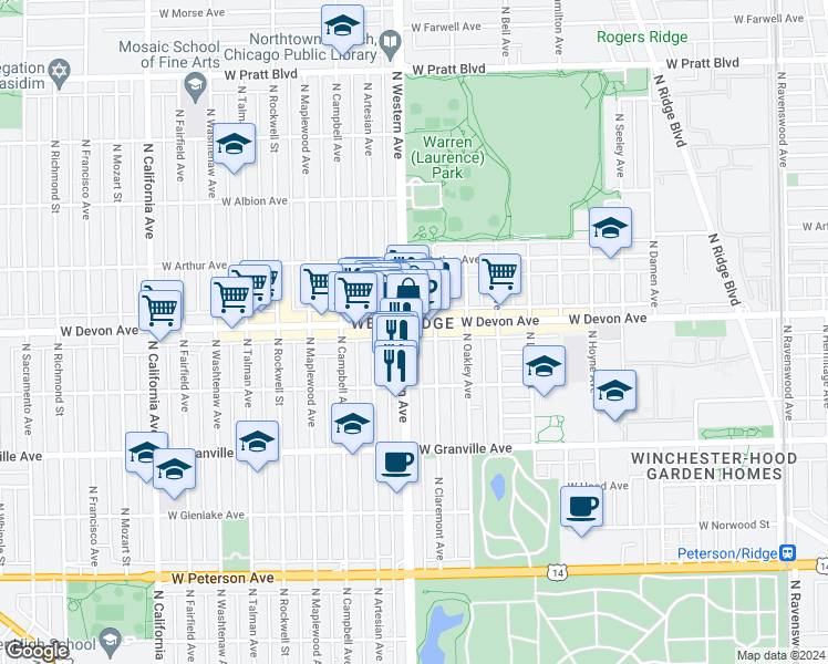 map of restaurants, bars, coffee shops, grocery stores, and more near 6340 North Western Avenue in Chicago