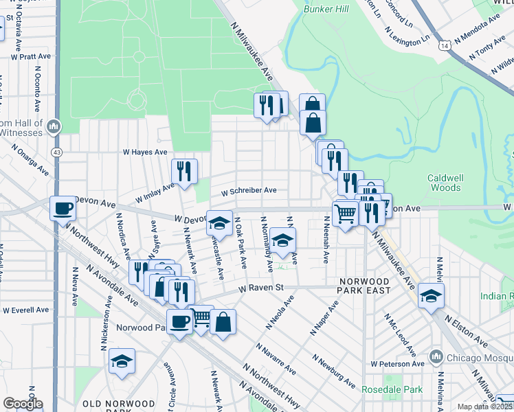 map of restaurants, bars, coffee shops, grocery stores, and more near 6671 West Devon Avenue in Chicago