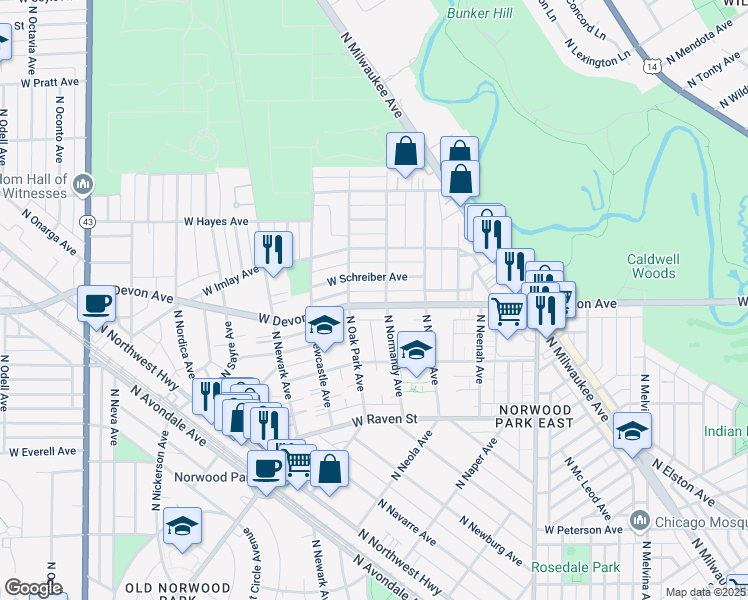 map of restaurants, bars, coffee shops, grocery stores, and more near 6671 West Devon Avenue in Chicago