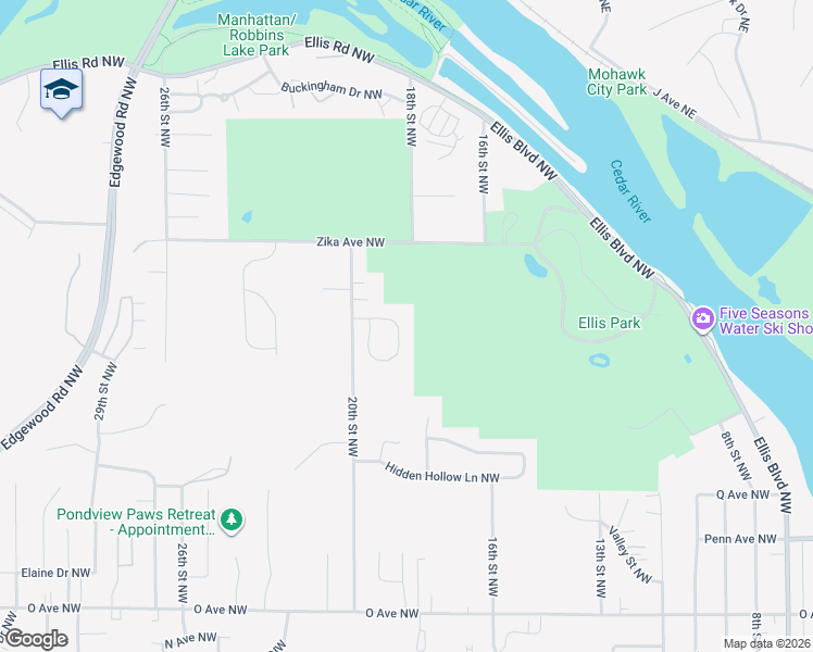 map of restaurants, bars, coffee shops, grocery stores, and more near 2042 Vista Circle Northwest in Cedar Rapids