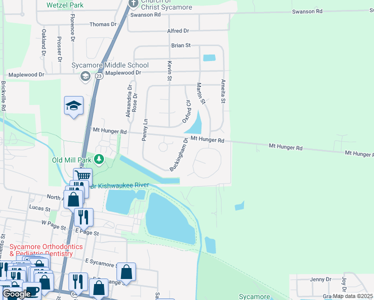 map of restaurants, bars, coffee shops, grocery stores, and more near 952 Buckingham Drive in Sycamore