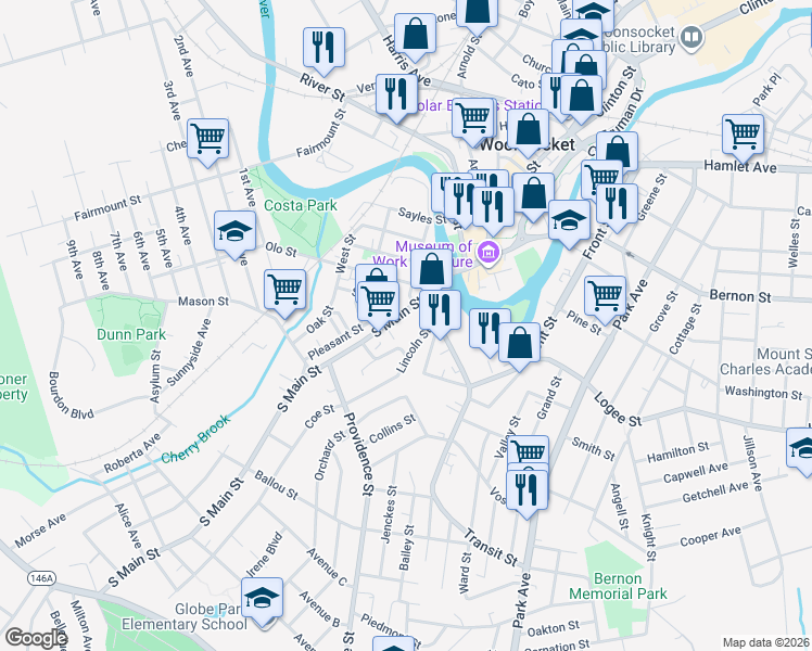 map of restaurants, bars, coffee shops, grocery stores, and more near 39 Parker Street in Woonsocket