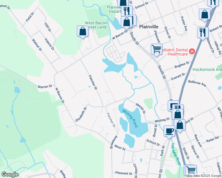 map of restaurants, bars, coffee shops, grocery stores, and more near 9 Sidney Street in Plainville