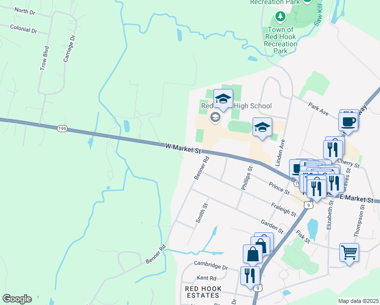 map of restaurants, bars, coffee shops, grocery stores, and more near 103 West Market Street in Red Hook