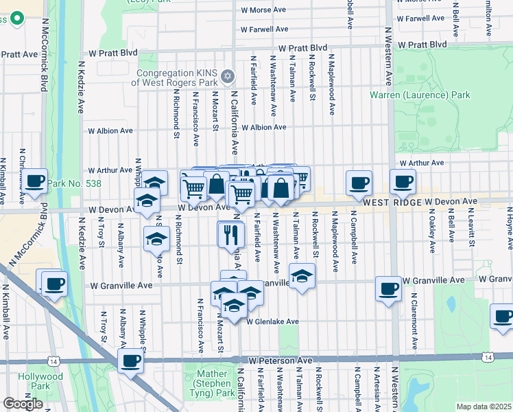 map of restaurants, bars, coffee shops, grocery stores, and more near W Devon Ave & N Fairfield Ave in Chicago