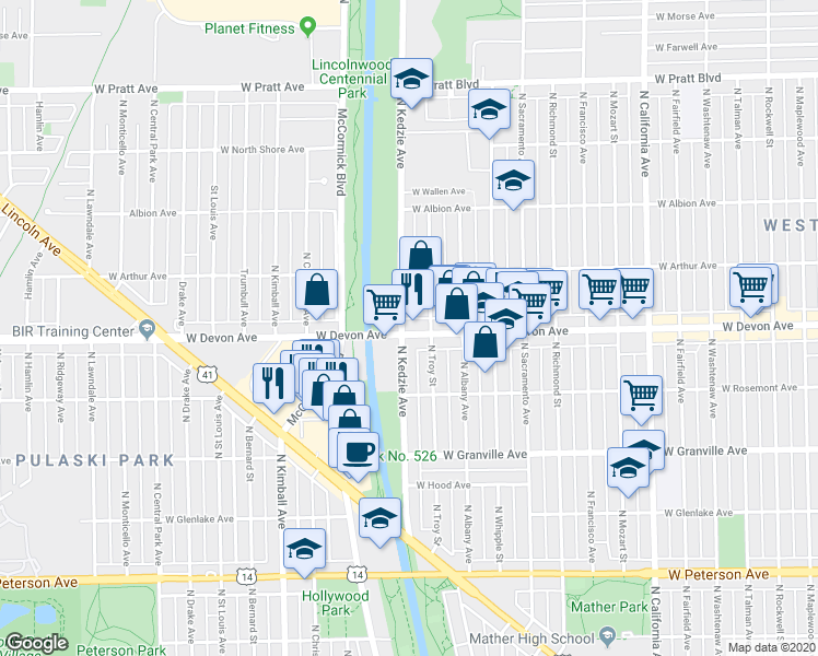 map of restaurants, bars, coffee shops, grocery stores, and more near 3152 West Devon Avenue in Chicago