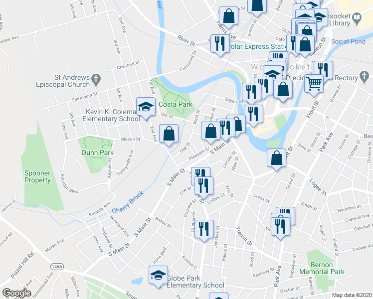map of restaurants, bars, coffee shops, grocery stores, and more near 75 Oak Street in Woonsocket