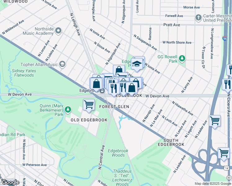 map of restaurants, bars, coffee shops, grocery stores, and more near 5363 West Devon Avenue in Chicago