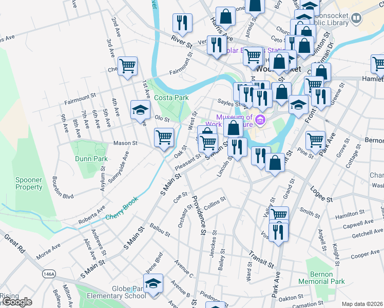 map of restaurants, bars, coffee shops, grocery stores, and more near 307 South Main Street in Woonsocket