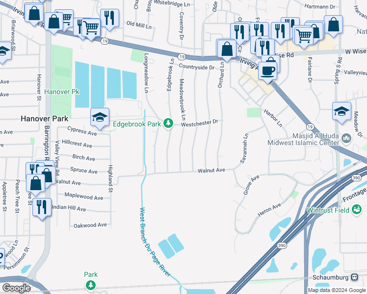 map of restaurants, bars, coffee shops, grocery stores, and more near 6899 Meadowbrook Lane in Hanover Park