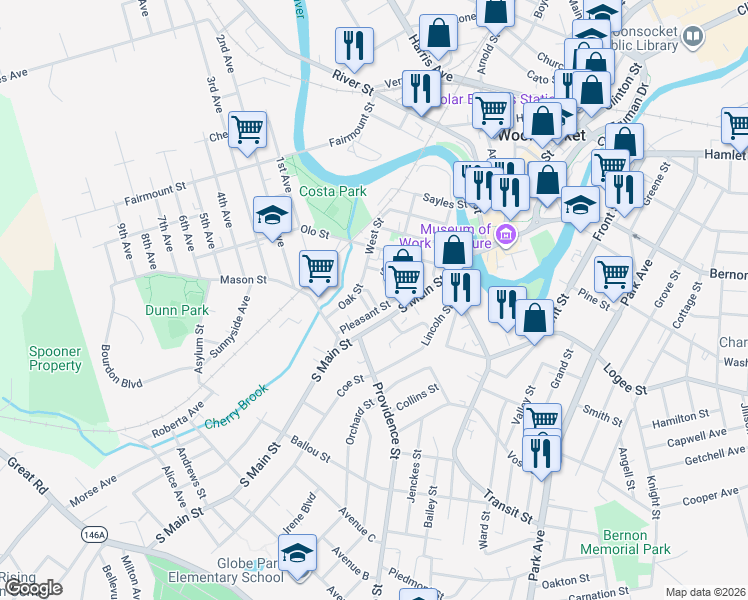 map of restaurants, bars, coffee shops, grocery stores, and more near 307 South Main Street in Woonsocket