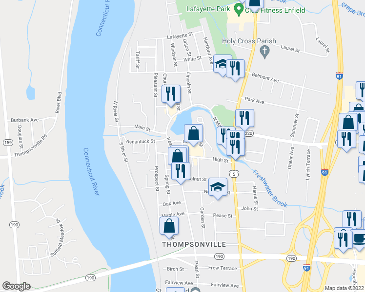 map of restaurants, bars, coffee shops, grocery stores, and more near 13 Wallace Street in Enfield