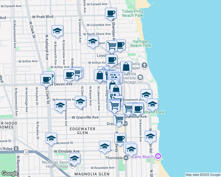 map of restaurants, bars, coffee shops, grocery stores, and more near 6321 North Magnolia Avenue in Chicago