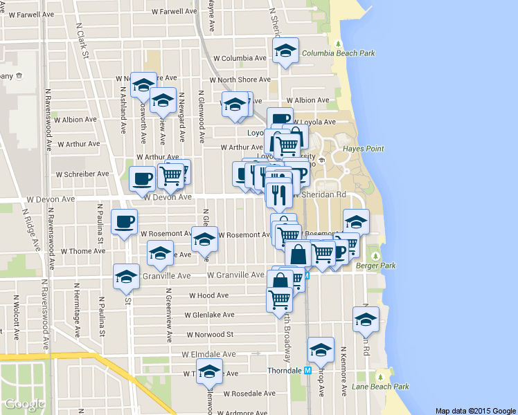 map of restaurants, bars, coffee shops, grocery stores, and more near 6321 North Magnolia Avenue in Chicago