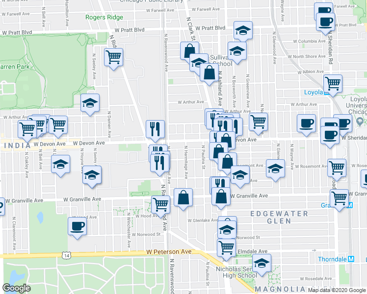 map of restaurants, bars, coffee shops, grocery stores, and more near 6346 North Hermitage Avenue in Chicago