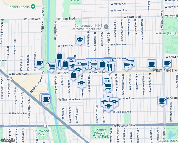 map of restaurants, bars, coffee shops, grocery stores, and more near in Chicago