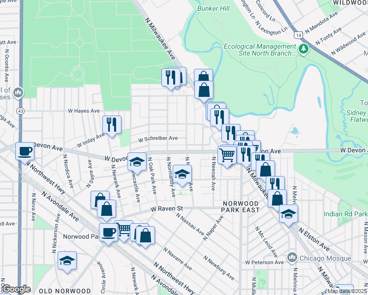 map of restaurants, bars, coffee shops, grocery stores, and more near 6353 North Natoma Avenue in Chicago