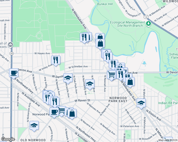 map of restaurants, bars, coffee shops, grocery stores, and more near 6353 North Normandy Avenue in Chicago