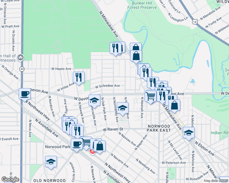map of restaurants, bars, coffee shops, grocery stores, and more near 6353 North Normandy Avenue in Chicago